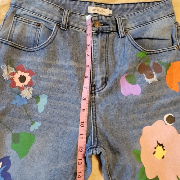 Misslook Hippie Floral Straight Leg Jeans Mid Rise Light Wash Size L - Picture 3 of 16